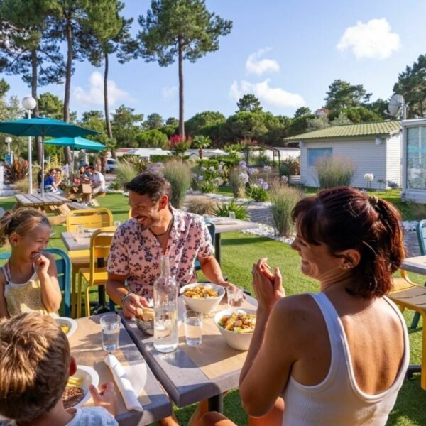 Repas en famille au Camping Sandaya L'Estanquet en Charentes Maritime aux Mathes proche de la plage de Palmyre en Nouvelle Aquitaine