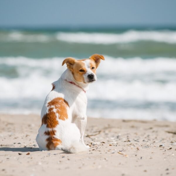 Chien sur la plage proche du Gîte La Nuit des Planeurs en Normandie à Carentan les Marais dans la Manche