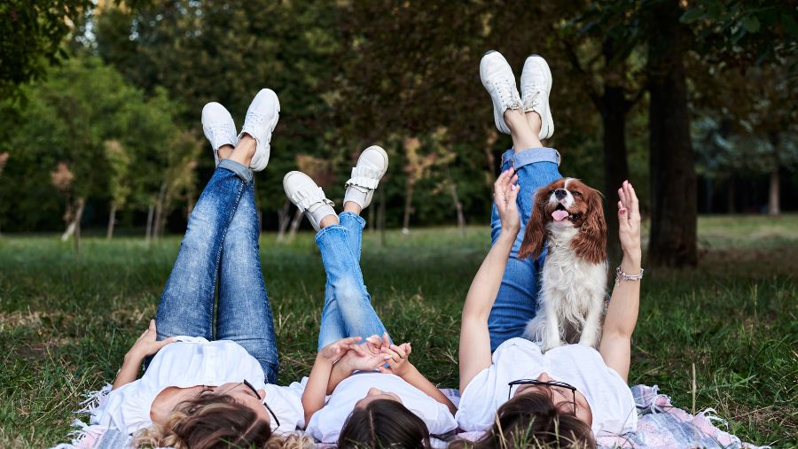 Filles allongées sur l'herbe avec un chien