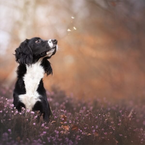 Chien en balade dans la nature proche du Gîte Kêr Kakisse en Bretagne à Josselin dans le Morbihan proche de Brocéliande