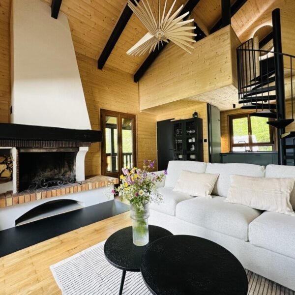 Salon avec cheminée du Chalet Jean des Houx dans les Vosges près de Gérardmer à Sapois