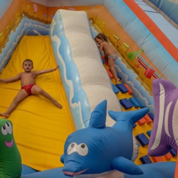 Enfants jouant dans l'aire gonflable du Flower Camping Altéa à Vic la Gardiole dans l'Hérault près de Montpellier