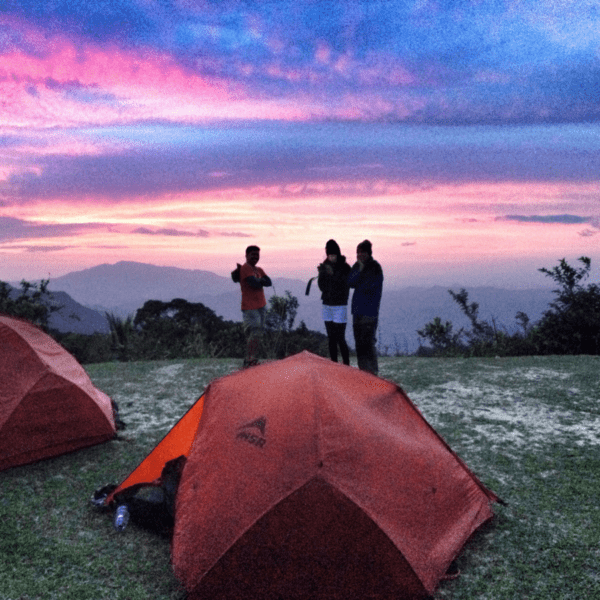 bivouac avec plusieurs personnes et un chien dans la montagne