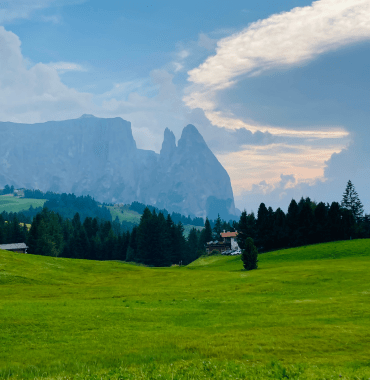 Plateau avec l'Alpe di Siusi en arrière plan accessible avec un chien en Italie