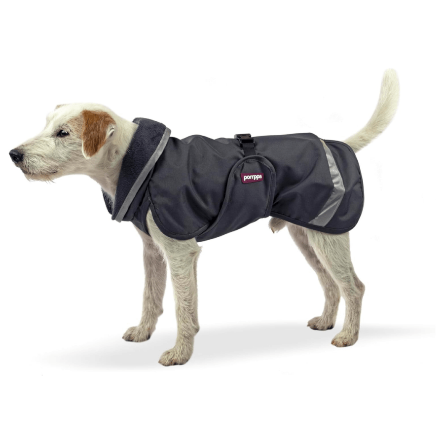 un manteau waterproof noir pour chien de toutes tailles est disponible chez la marque Pomppa