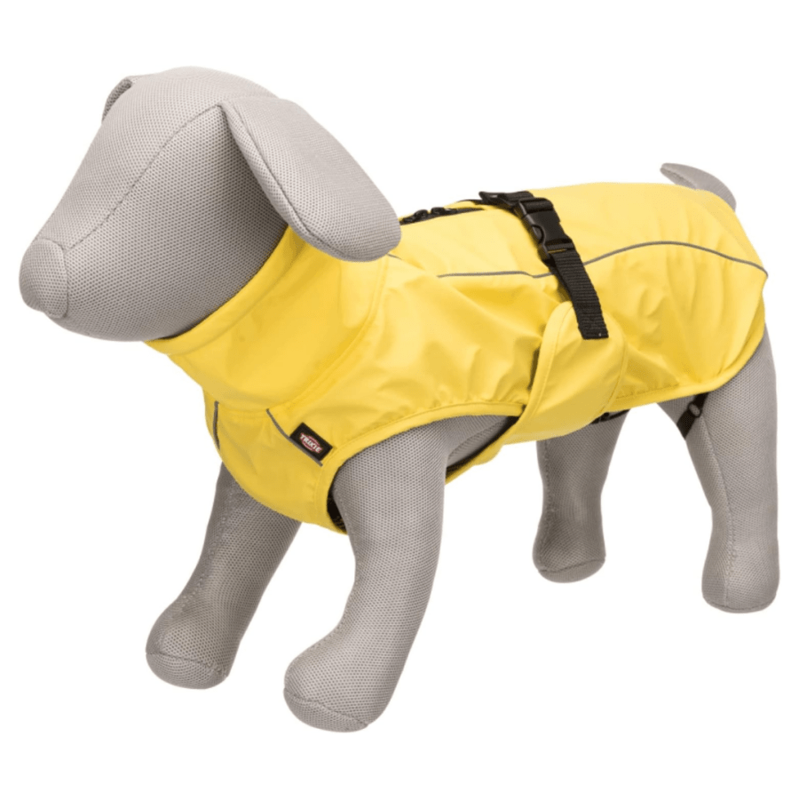 le chien mannequin porte un imperméable jaune qui protège les chiens de la pluie et du vent