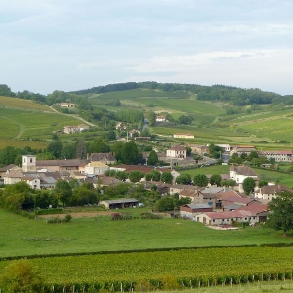 Vue en plongée sur le village et le Château Chardonnay à Chardonnay en Saône-et-Loire en Bourgogne-Franche-Comté