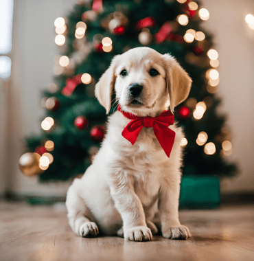 chiot disponible à l'adoption devant le sapin de Noël