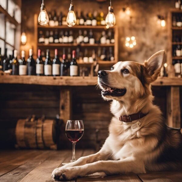 Chien chez un caviste pendant une dégustation des vins du Domaine Viticole Obrière proche de Béziers dans l'Hérault en Occitanie