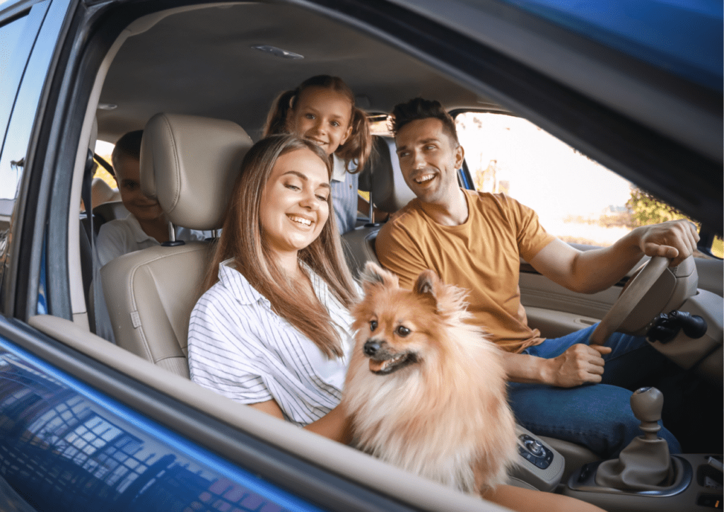 famille avec un chien dans le voiture en route vers une destination QUALIDOG