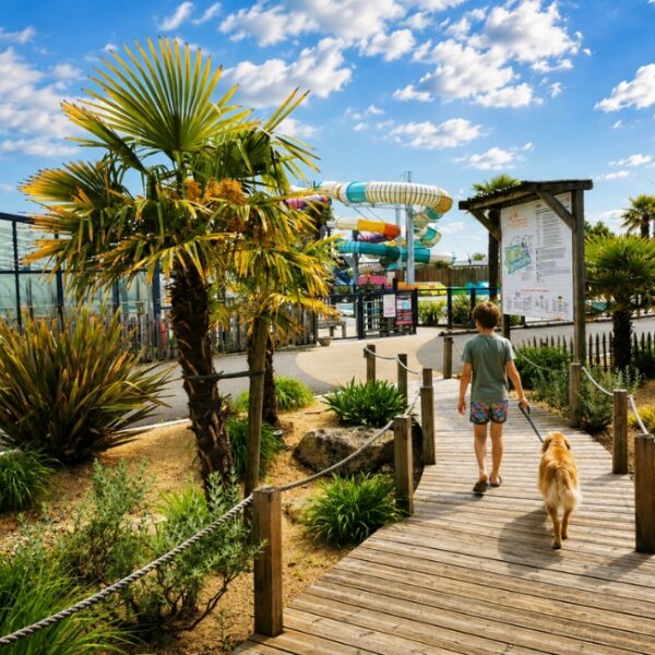 Enfant et son chien devant le parc Aquatique du Camping Europa en Vendée sur la côte Atlantique