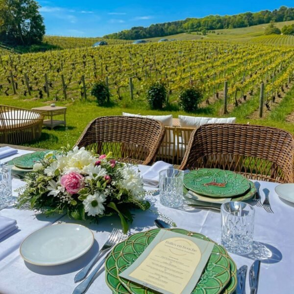 Vignes et table au Château de Sacy à Saucy en Marne dans le Grand Est