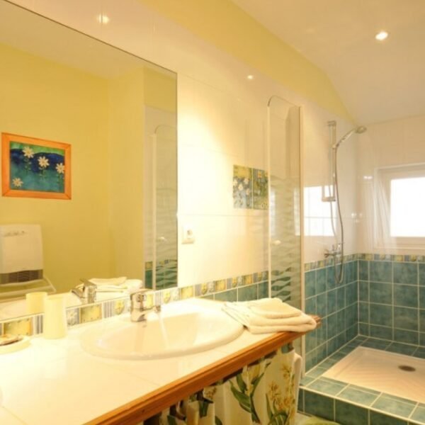 Salle de bain de la Chambre Champêtre avec double lit au Gîte La Toulette à Aubiet dans le Gers en Occitanie