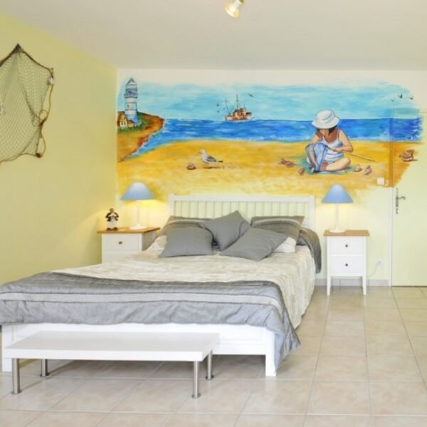 Chambre Marine avec double lit au Gîte La Toulette à Aubiet dans le Gers en Occitanie