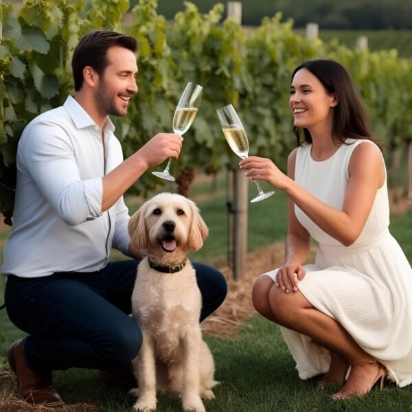 Couple avec leur chien dans les vigne pour une dégustation de champagne avec l'Hôtel BW Le Relais du Vigneron en Champagne à Vertus dans la Marne