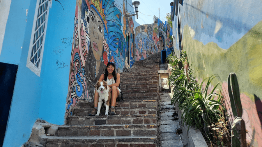 Un chien et sa maĂźtresse dans un village au Mexique.