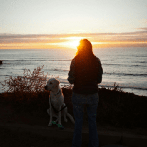 Un chien et sa maîtresse devant un coucher de soleil à Majorque