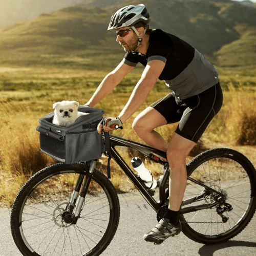 vélo avec chien dans un sac de transport pour petit chien Pecute