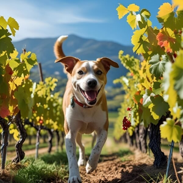 Chien en balade dans les vignes du Vignoble Domaine Thierry et Tanguy Cosme dans le Val de Loire près de Tours