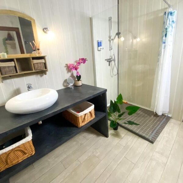 Salle de bain moderne du Gîte Le Paradis des Bulles en Champagne dans la Marne en région Grand Est