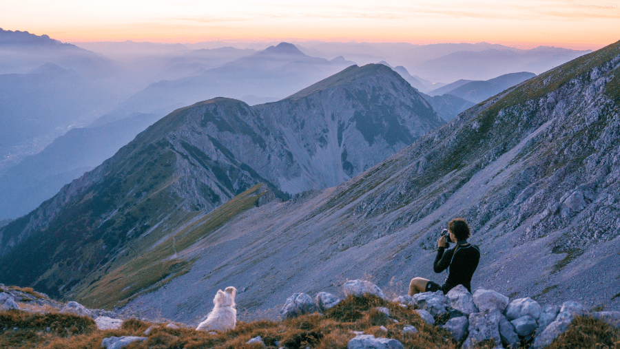 chien et randonneur au sommet d'une montagne de Haute-Savoie
