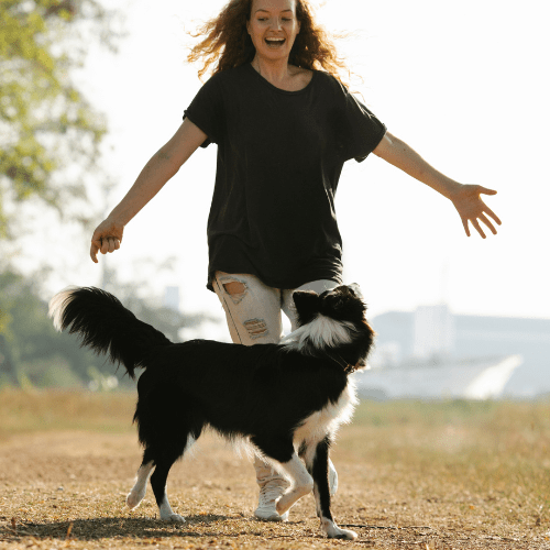 femme joue avec son chien