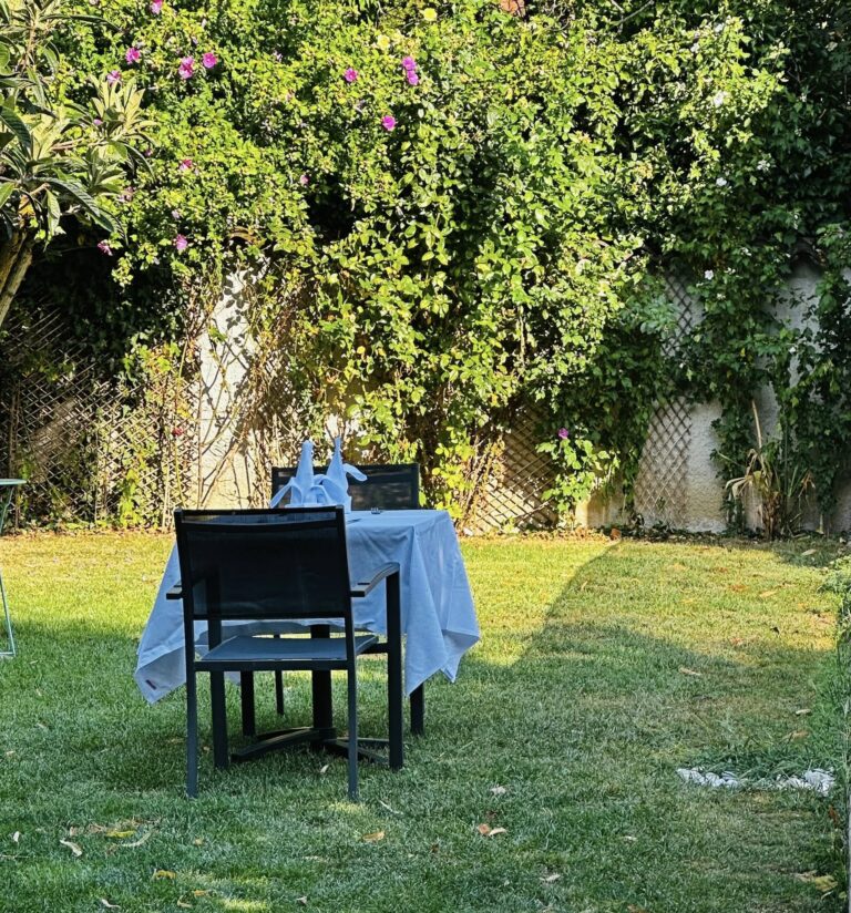 Room service dans notre jardin - Gîte La Petite Maison des Cavaliers à Saint-Laurent-de-Mure, près de Lyon.