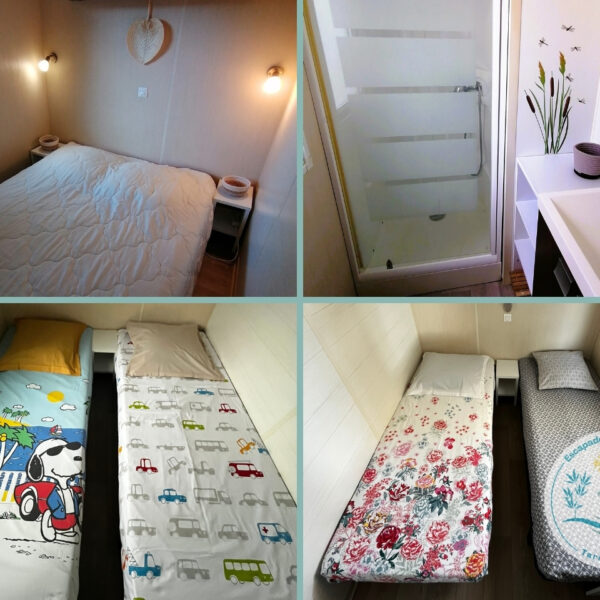 Les chambres et la salle d'eau du Mobil-home Entre Mer et Roseaux, hébergement dogfriendly, à Port-la-Nouvelle, dans l'Aude