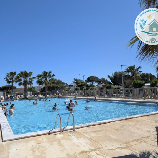 La piscine chauffée du camping où se trouve notre Mobil-home Entre Mer et Roseaux, hébergement dogfriendly, à Port-la-Nouvelle, dans l'Aude
