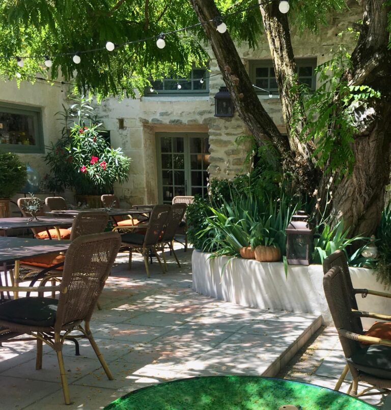 Terrasse ombragée du Domaine Le Bois des Dames en Drôme provençale