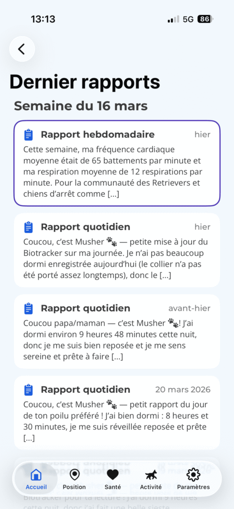 rapports quotidiens et hebdomadaires du suivi santé par le biotracker Invoxia pour chien