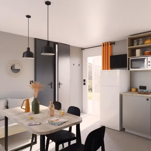 Pièce à vivre d'un mobil-home du du camping Homair La Plage d'Argens entre Fréjus et Saint-Aygulf sur la Côte d'Azur