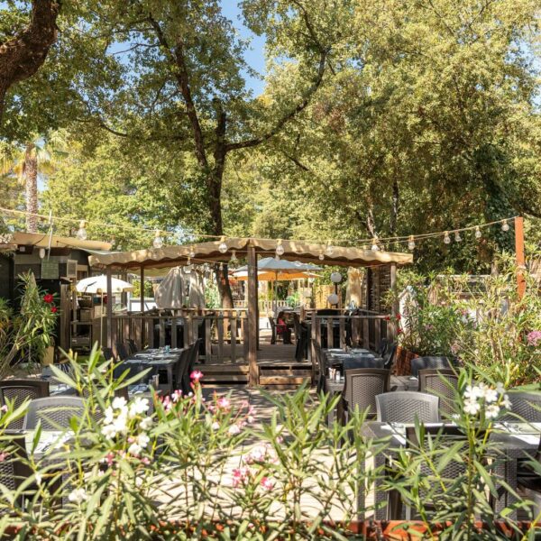 Restaurant avec terrasse et chiens bienvenus - Camping Domaine de la Sainte-Baume, à Nans-les-Pins, en Provence, dans le Var