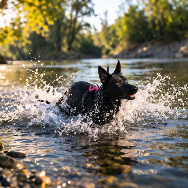 Chien se baignant dans la rivière près du camping Domaine de Gaujac dans le Gard en Occitanie