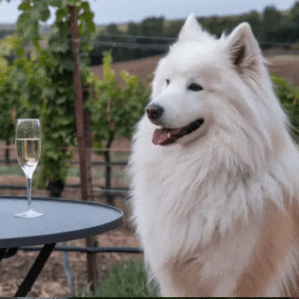 chien touriste en Champagne dans les vignes avec une flûte de Champagne