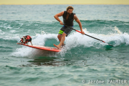 Jérôme Paumier fait du surf avec son chien