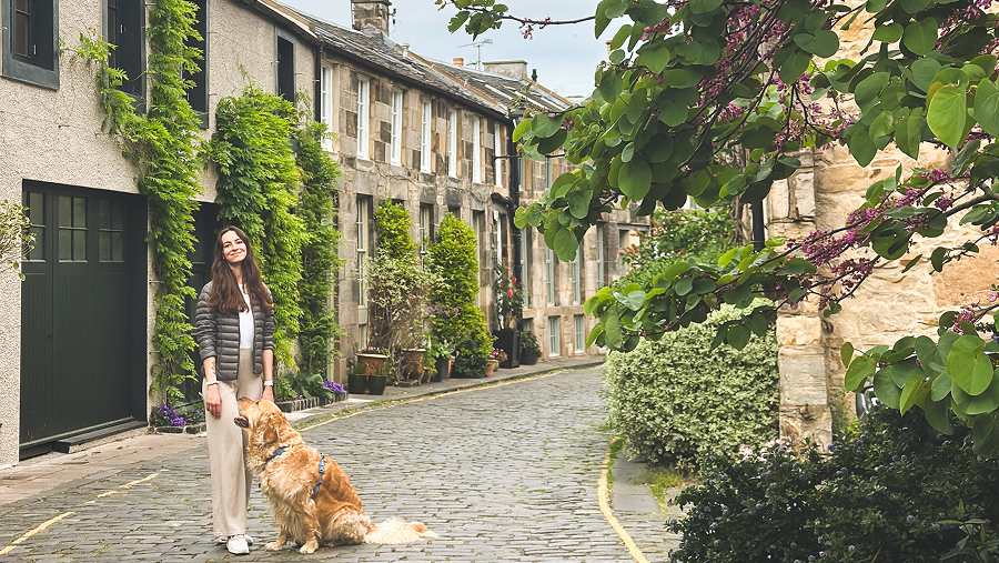 rue Circus Lane à Edimbourg en Ecosse avec un gros chien
