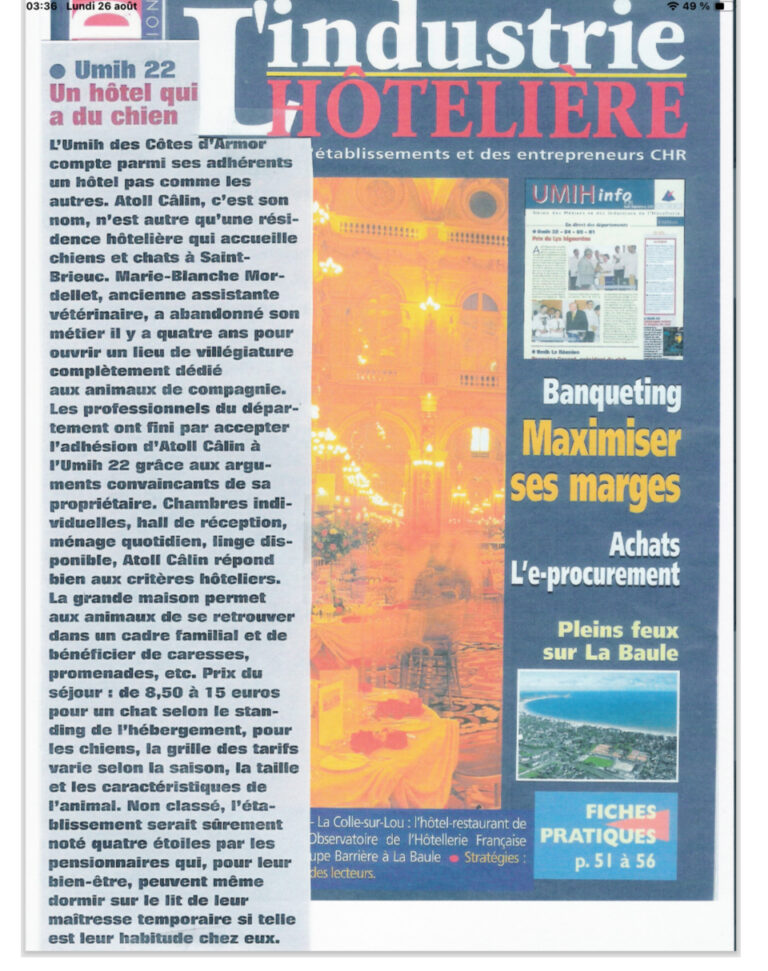Article de presse concernant la Pension Canine Atoll Câlin Comme à la Maison à Saint Brieuc en Bretagne dans les Côtes d'Armor