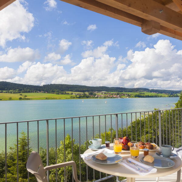 Vue sur le lac depuis une terrasse de l'Hôtel SPA Les Rives Sauvages à Malbuisson dans le Haut Doubs en Franche Comté