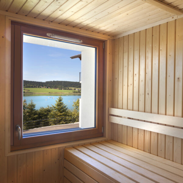 Sauna vue sur le lac de l'Hôtel SPA Les Rives Sauvages à Malbuisson dans le Haut Doubs en Franche Comté