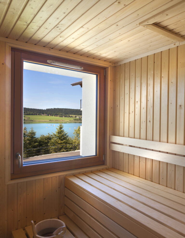 Sauna vue sur le lac de l'Hôtel SPA Les Rives Sauvages à Malbuisson dans le Haut Doubs en Franche Comté