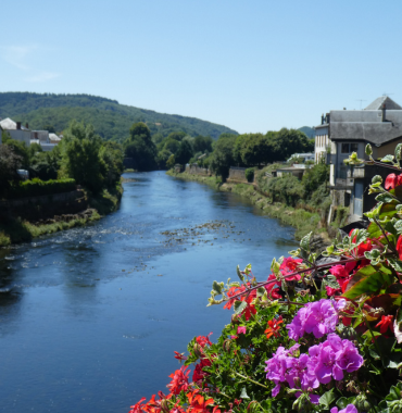 retenue d'eau de Bort-les-Orgues au bord du village avec des fleurs pour vacances en Corrèze avec son chien