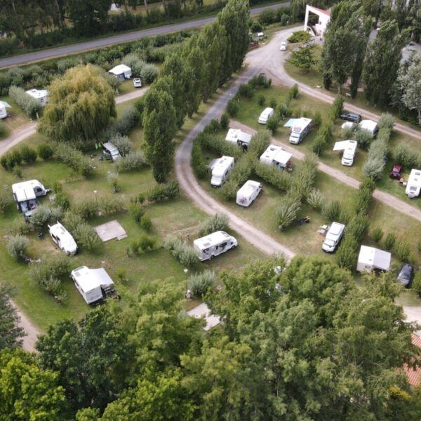 Aerial view of Camping Le Marais Sauvage in Vendée in the heart of the Poitevin marshes near Niort in Pays de Loire