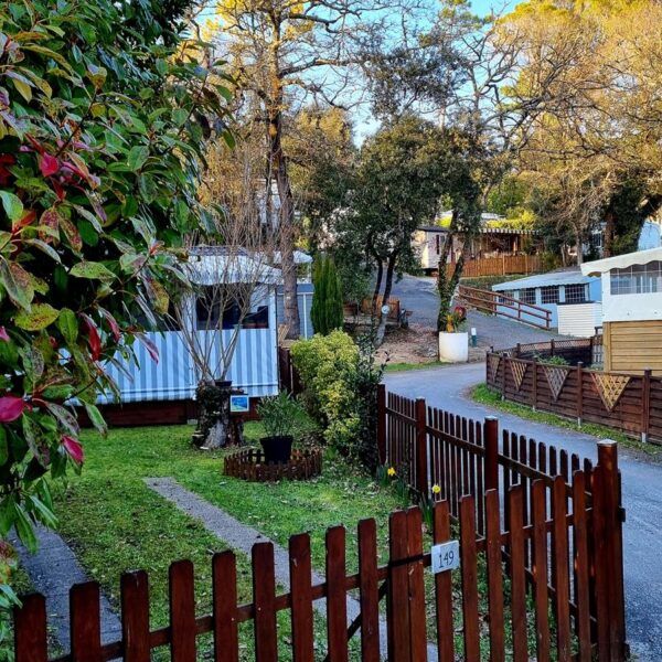 Private garden of a mobile home at the Les Loges campsite near Royan in Charente Maritime in New Aquitaine