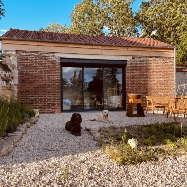 Le jardin du Cottage du potager dans l'Aube avec un chien sur la terrasse