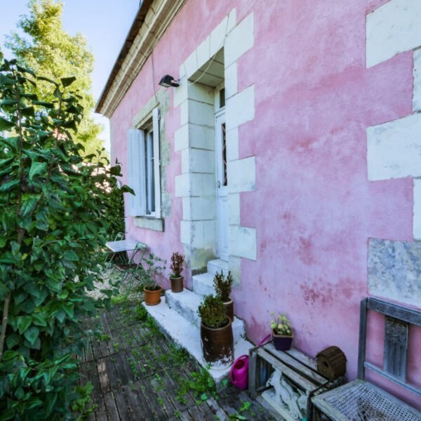 Façade rose de la maison le Beagle en Indre-et-Loire dans le Centre-Val de Loire à Lussault-sur-Loire