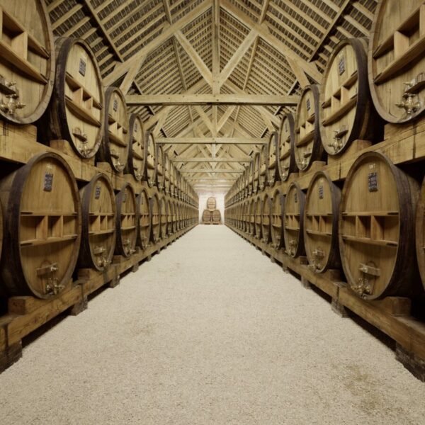 Allée de fûts de calavados à la distillerie de Calvados Roger Groult à Valorbiquet dans le Calvados en Normandie