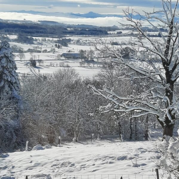 Vue sur paysage enneigé depuis le Gite La Verrière du Sancy dans le Puy de Dôme en Auvergne dans le Massif du Sancy