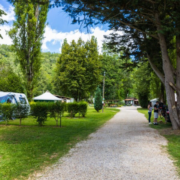 Une allée d'emplacemnt camping du Camping d'Auberoche à Bassilac et Auberoche en Dordogne en Nouvelle-Aquitaine